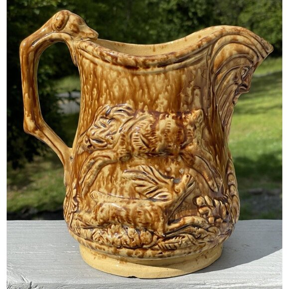 Rare Antique Bennington Rockingham Dog Handle Hunt Scene Pitcher Yellow ware - Picture 2 of 16